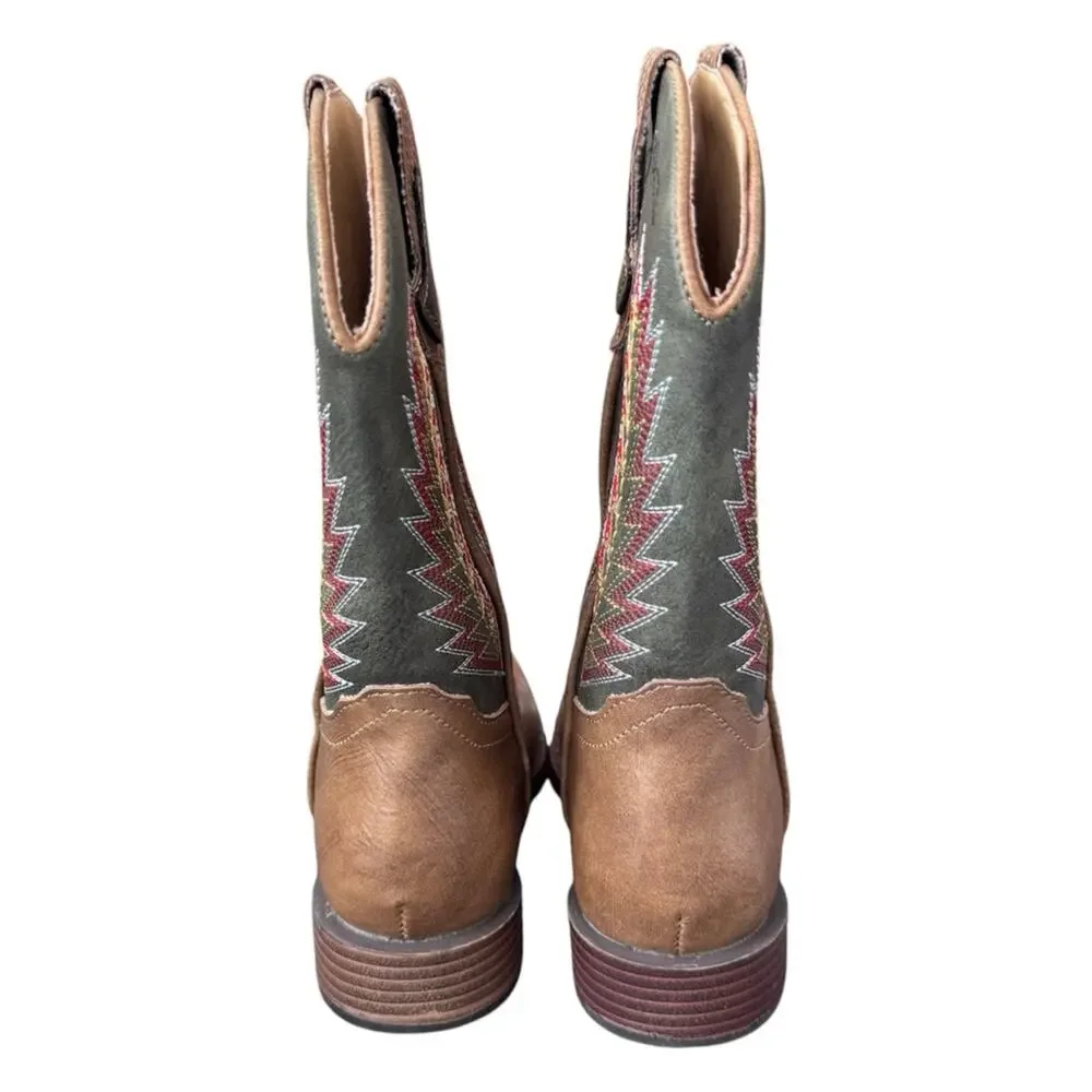 Roper Boys' Arrowheads Western Boots Brown Olive Green Embroidered Size 13